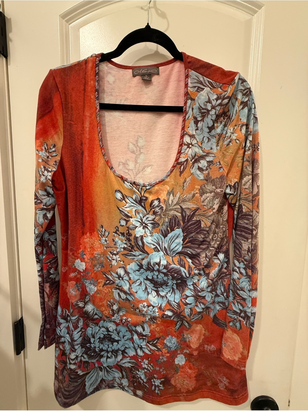 Chico's Rust Floral Scoop Neck Long Sleeve Tee